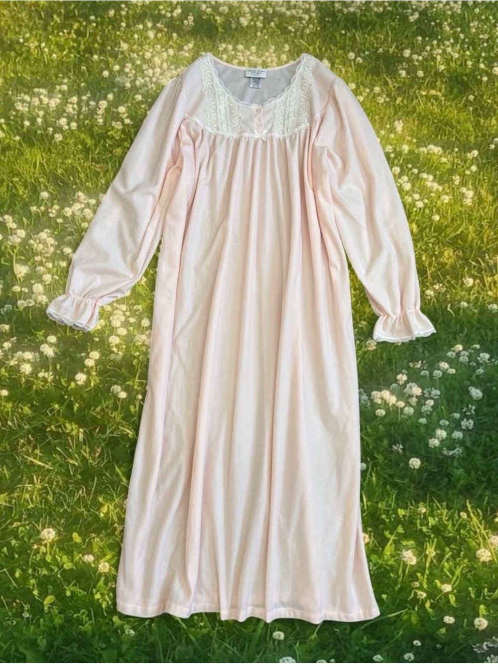 Vintage Amanda Stewart Peach Fleece Maxi Nightgown Lace Trim Fairy Coquette